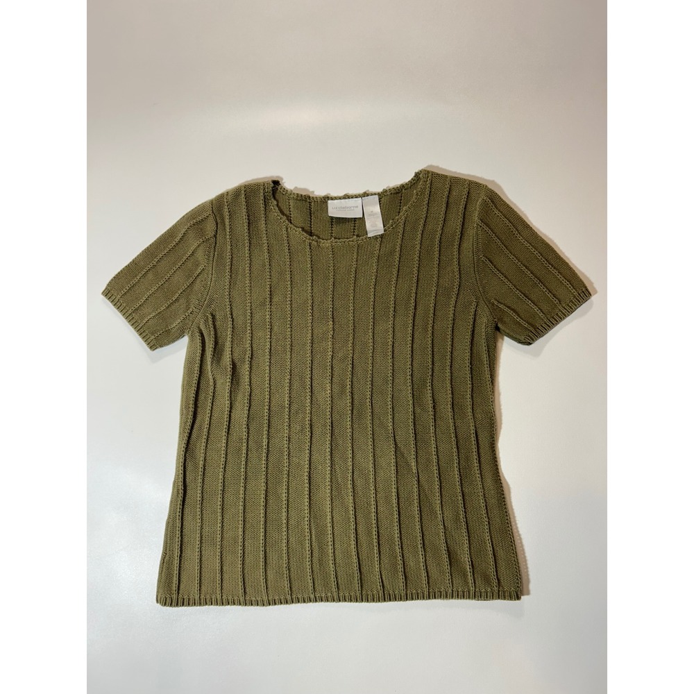 Liz Claiborne Knit Top Womens Medium Olive Green Excellent Ribbed Short Sleeve